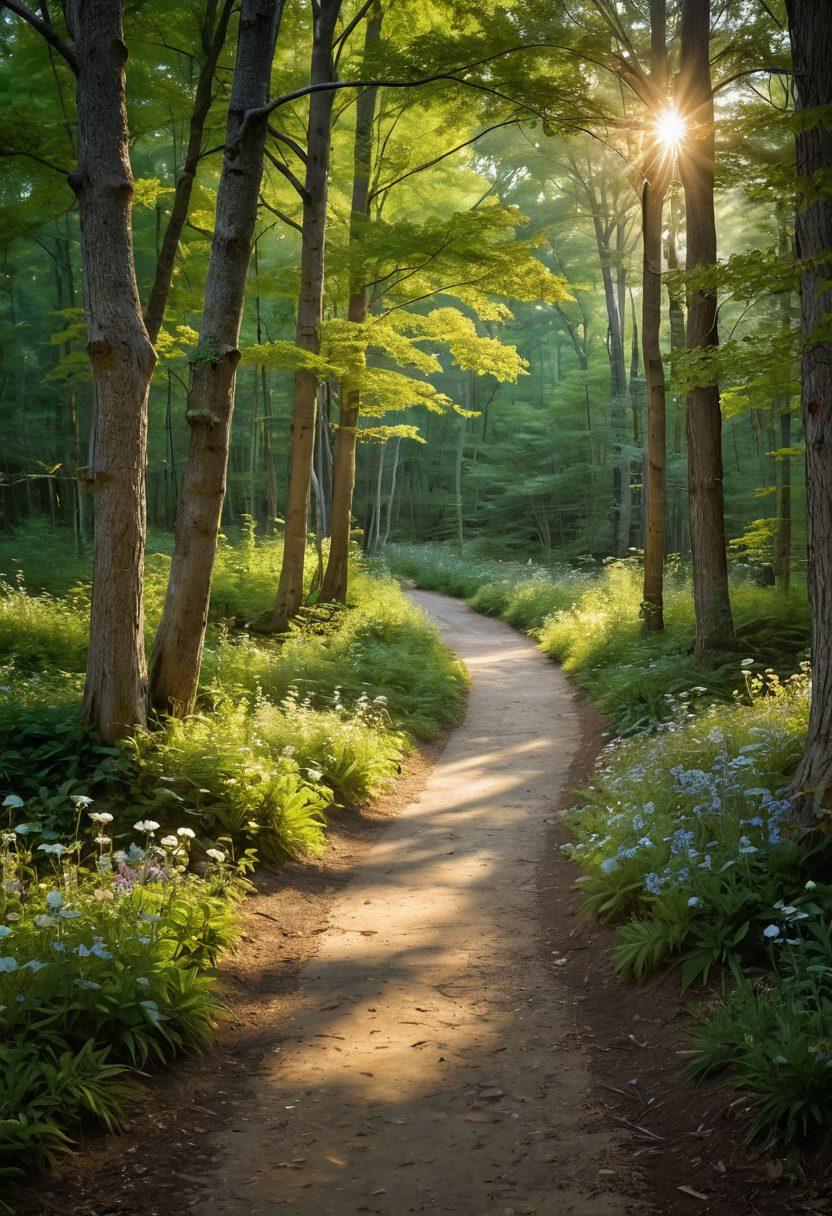 A serene landscape depicting a path leading through a beautiful Virginia forest, symbolizing the journey from diagnosis to recovery. Include a supportive community of diverse individuals walking together, showcasing hope and resilience. Add elements like blooming flowers and sunlight filtering through the trees to represent renewal. Capture a sense of strength and optimism. super-realistic. vibrant colors. warm lighting.