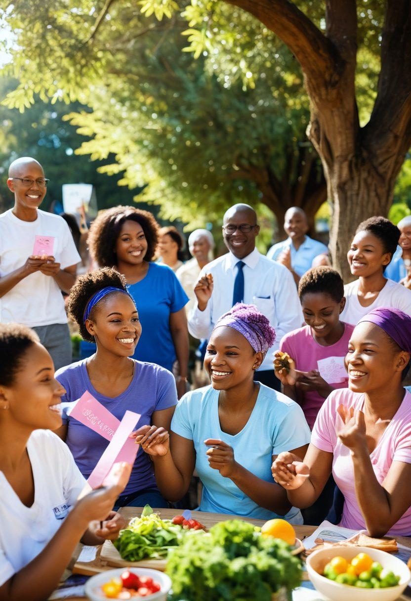 A vibrant scene depicting a diverse group of people engaging in health awareness activities, such as a community workshop on cancer prevention, with informative posters in the background. Incorporate symbolic elements like ribbons representing cancer awareness, healthy foods, and a gentle sunlight filtering through trees to evoke hope and empowerment. Capture the emotion of support and unity in the community. super-realistic. vibrant colors. soft focus.