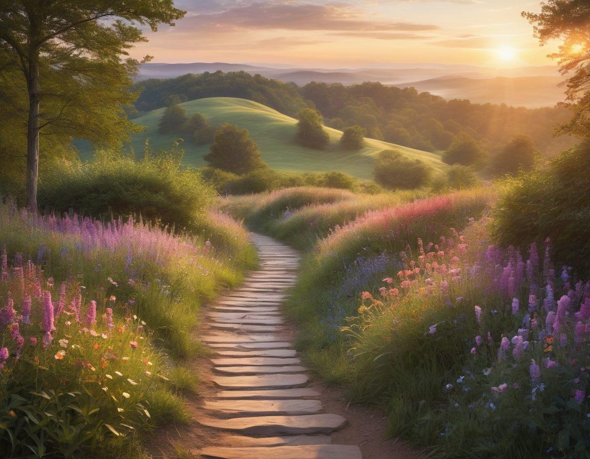 A serene landscape of Virginia, featuring a sunrise illuminating a winding path that symbolizes the journey of cancer treatment and survivorship. Include a diverse group of people walking together, representing hope and empowerment, with vibrant wildflowers along the edges. Subtle medical symbols in the background, like a ribbon and stethoscope, integrated naturally into the scenery. The overall mood should be uplifting and inspiring, capturing the essence of support and healing. super-realistic. vibrant colors. soft focus.